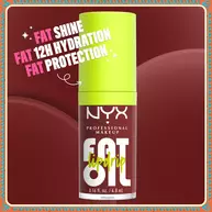 Shows a close-up of a single tube of NYX Fat Oil lip gloss. Text around it highlights its primary benefits: "FAT SHINE," "FAT 12H HYDRATION," and "FAT PROTECTION." The tube has a neon green cap.