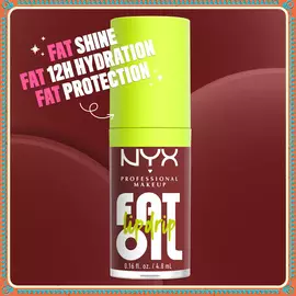 Shows a close-up of a single tube of NYX Fat Oil lip gloss. Text around it highlights its primary benefits: "FAT SHINE," "FAT 12H HYDRATION," and "FAT PROTECTION." The tube has a neon green cap.