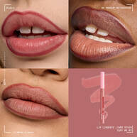 Quadrant showing Lip Lingerie Lip Liner Stain on three models of fair, deep, medium skin tones and the product solider with swatch behind the hex code color in shade 07 Cuff Me
