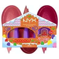 NYX Professional Makeup Holiday Smushy Kit packshot in front of gingerbread house; two swatches shown in pink and red.