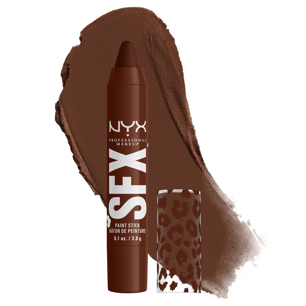 NYX Professional Makeup Party Animals SFX Face & Body Paint Stick in Cocoa Cult, a brown paint stick shown with a brown paint swatch.
